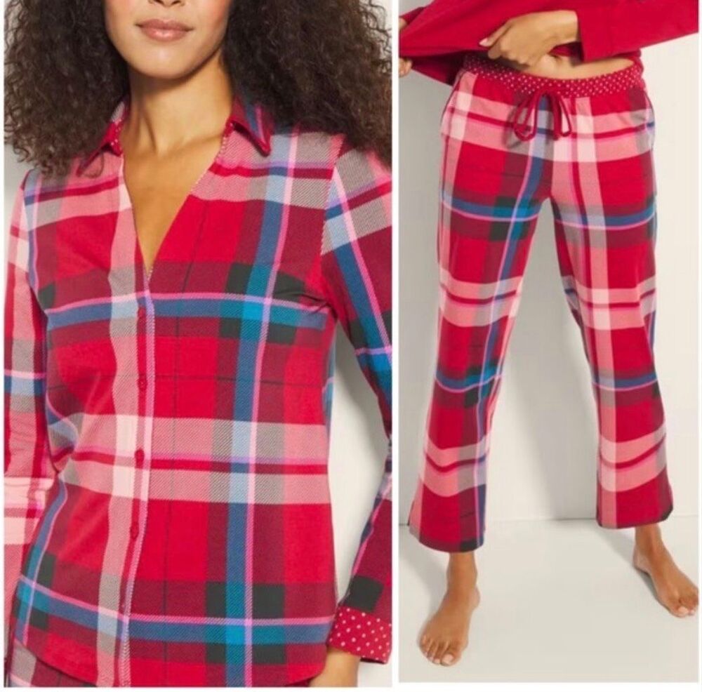 Soma Womens Embraceable Top Family Pants Pajama Set Snuggle Up Plaid Red XS NWOT